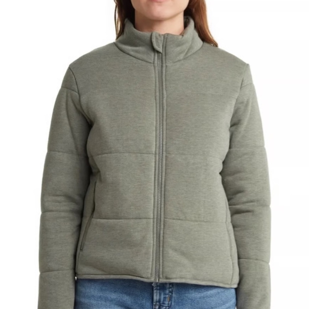 Three Dots Green Quilted Knit Zip Up Puffer Jacket Size XS
